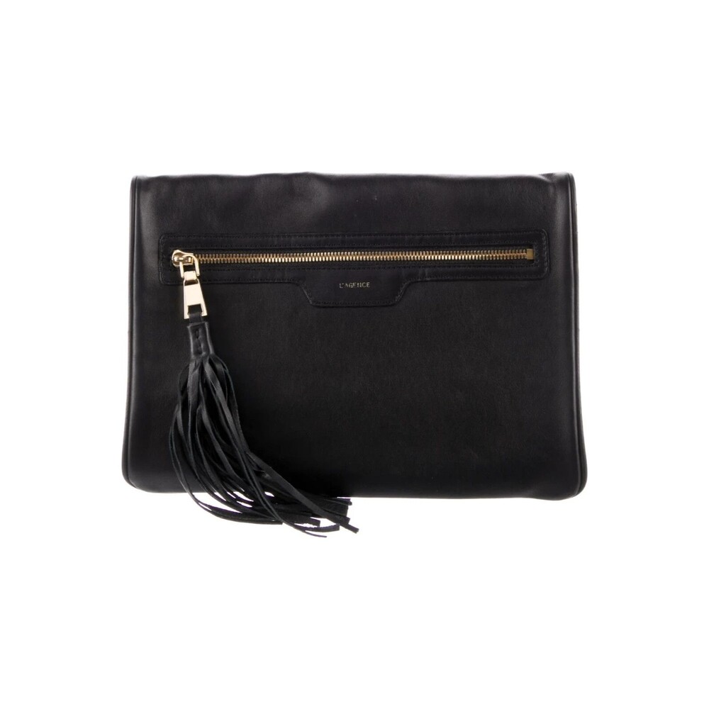 L'AGENCE Black/Tan/Orange Brim Leather Clutch Handbag Purse Bag-GORGEOUS
